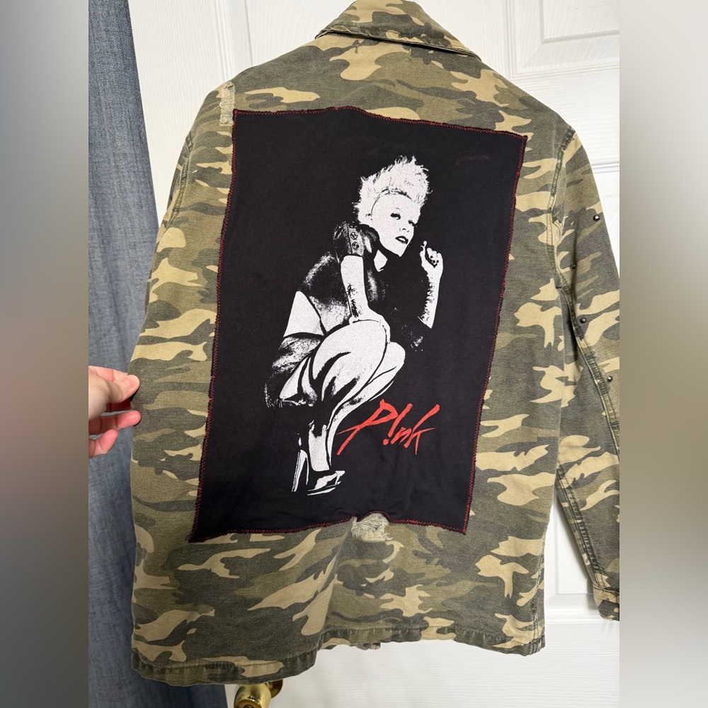 Upcycled distressed Camouflage Jacket with Unique Patch of PINK